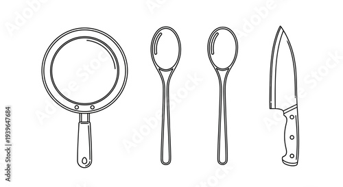 Kitchen Utensils Collection: Frying Pan, Spoons, Chef Knife - Outline Icons