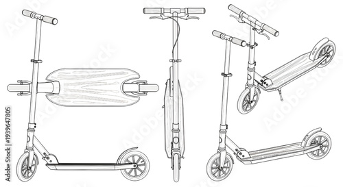 Kick Scooter AutoCAD Blueprint Vector – Multi View Personal Mobility Vehicle Technical Drawing