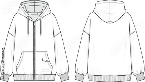 Women White Zip Up Hoodie Technical Sketch Front and Back View Oversized Hooded Sweatshirt Fashion Flat CAD Drawing Template Vector Illustration