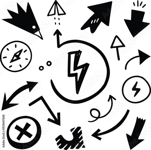 Collection of hand drawn black and white doodle shapes and directional icons