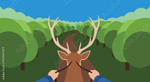 Deer Riding, POV, Forest Path, Antlers, Nature Adventure, Mans Hands