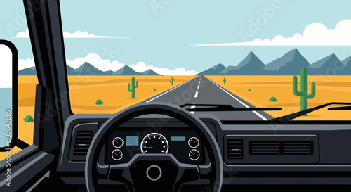 Desert Road Trip: Driving View from Car Interior with Steering Wheel and Landscape