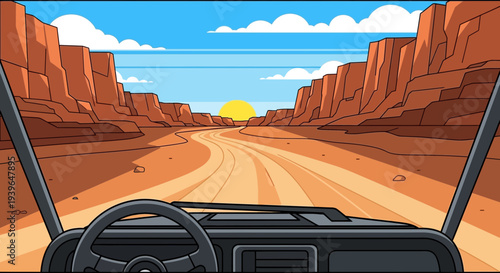 Desert Road Trip: Driving Through Grand Canyon-like Scenery at Sunset