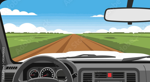 Driving on a dirt road through a green landscape, view from inside the car
