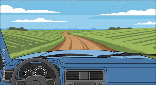 Driving on a country road through green fields, view from car interior