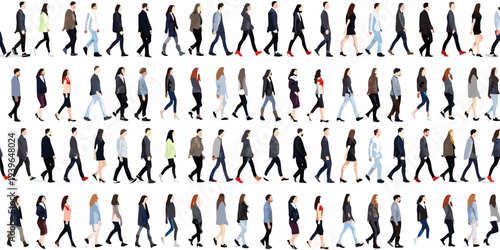 A large group of diverse people walking in various business attire