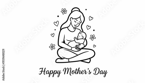 Mothers Day Mother Cradling Baby Line Art Illustration 