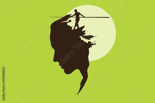Tightrope Walker Balancing in Head Silhouette: Mind Balance, Trauma Freedom, Growth Progress