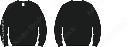 Men Women Black Crewneck Sweatshirt Technical Sketch Front and Back View Casual Long Sleeve Jumper Fashion Flat CAD Drawing Template Vector Illustration