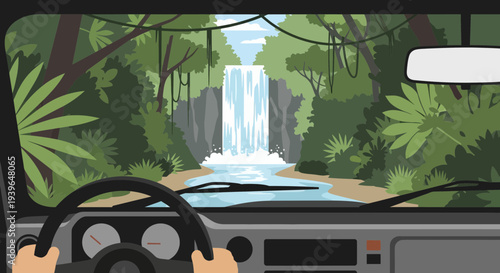 Driving through a lush jungle towards a waterfall, view from car interior