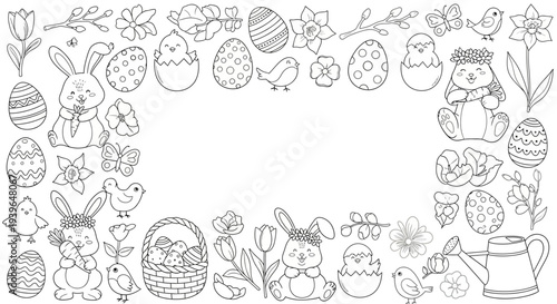 Easter-themed frame featuring rabbits, eggs, and flowers in a whimsical illustration