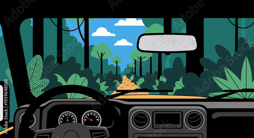 Driving through a lush forest on a dirt road, view from car interior