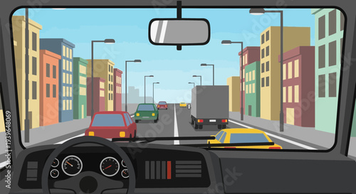 Driving through a colorful city street in a car perspective view, illustration