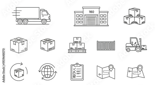 Logistics and Delivery Icons: Truck, Warehouse, Boxes, Forklift, Globe, Map