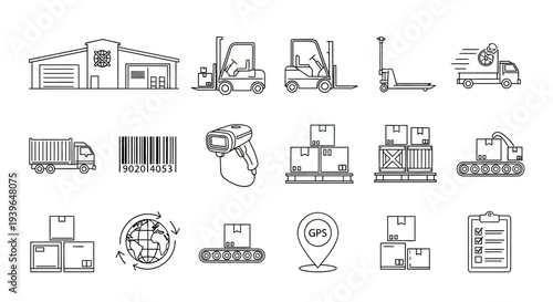 Logistics and Delivery Icons: Warehouse, Forklift, Truck, Barcode, Scanner, GPS