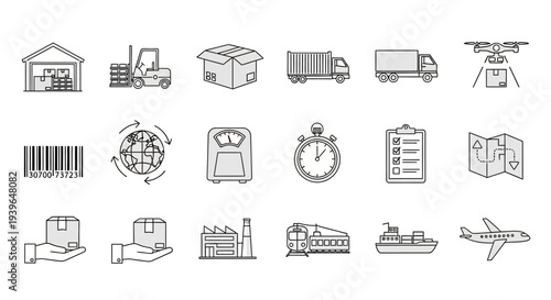 Logistics and Delivery Icons: Warehousing, Shipping, Drone, Truck, Airplane, Map