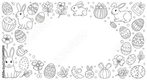 Easter-themed illustration featuring rabbits, eggs, and flowers in a decorative border