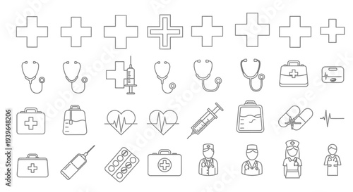 Medical Icons Set: Health, Hospital, Doctor, Stethoscope, Syringe, Pills, Cross