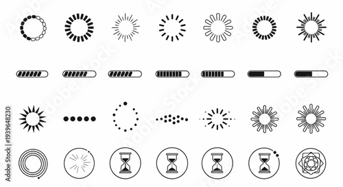 Loading Icons Set: Progress Bars, Spinners, Hourglasses, Circles