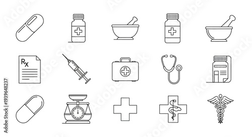 Medical Icons Set: Pharmacy, Healthcare, and Science Symbols Collection