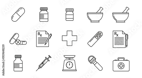 Medical Icons Set: Pharmacy, Pills, Syringe, First Aid Kit, Mortar and Pestle