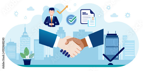 Business agreement and successful verification illustrated with modern design elements