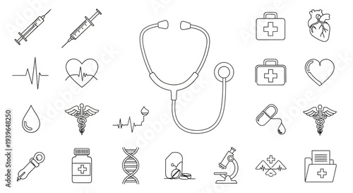 Medical Icons Set: Stethoscope, Syringe, Heartbeat, DNA, Microscope, Caduceus