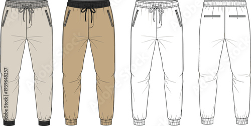 Men Jogger Sweatpants Technical Sketch Front and Back View Beige Brown Fashion Flat CAD Drawing Template Vector Illustration for Apparel Design