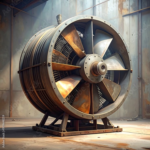 Large industrial fan, metallic with rusty elements, inside a weathered structure