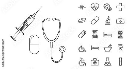 Medical Icons Set: Syringe, Stethoscope, Pills, DNA, Microscope, Heartbeat