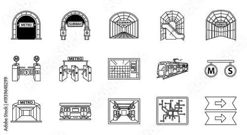 Metro Subway Station Entrance, Exit and Train Icons Set