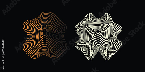 Abstract Geometric Shapes with Concentric Wavy Lines on Black Background