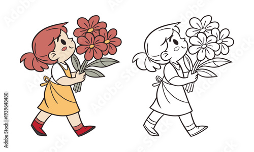 A smiling boy and girl holding flowers under an umbrella in this autumn vector illustration of childhood fun and art