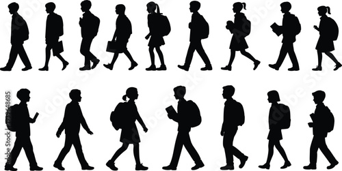Set of Black Silhouettes Featuring School Children Walking and Carrying Backpacks and Books for Educational Concepts Childhood Development Back to School and Student Lifestyle Designs