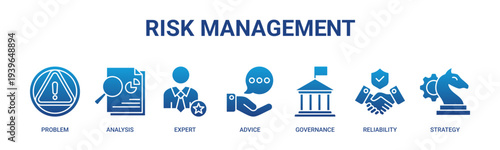 Risk Management web banner icon vector illustration concept with icons of problem, analysis, expert, advice, governance, reliability, and strategy.
