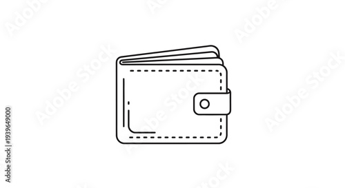 Minimalist wallet icon, simple line art illustration of a folded wallet with snap closure.