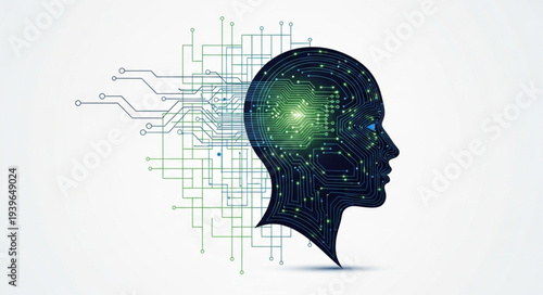 Digital Human Head with Circuitry and Data.