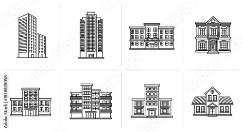 Modern Building Icons Set: Apartment, Office, Residential, and Classic Facades