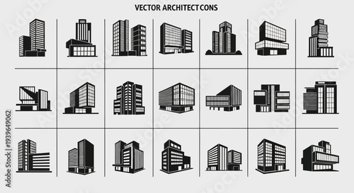 Modern Architecture Icons Set - Minimalist Building Illustrations