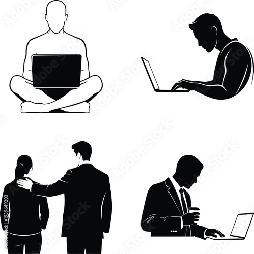 Diverse business activities: meditating, working, comforting, business meeting