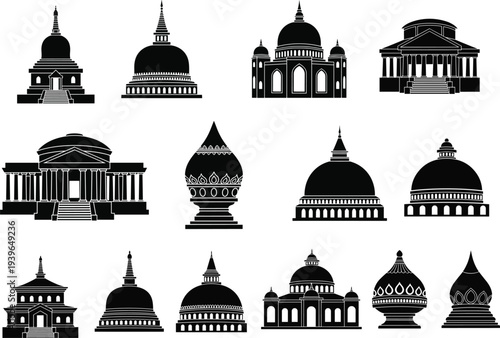 Famous world architecture domes and historic buildings silhouette icon set with temples mosques monuments and cultural landmarks isolated vector collection