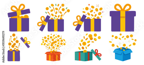 BONUS REWARD - Gift box opening with coins bursting upward  Flat Vector Illustration on Transparent Background