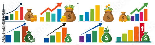 BUSINESS PROFIT - Upward bar chart with money bag beside it  Flat Vector Illustration on Transparent Background
