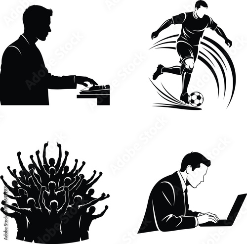 Businessman typing, soccer player kicking ball, cheering crowd