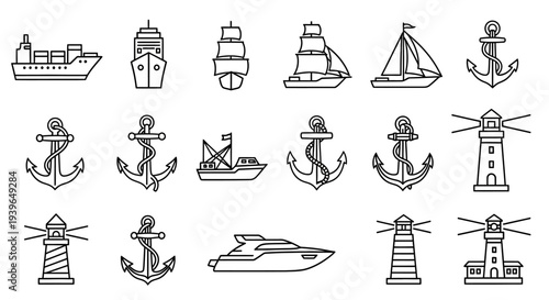 Nautical Icons: Ships, Anchors, Lighthouses, and Yacht Collection