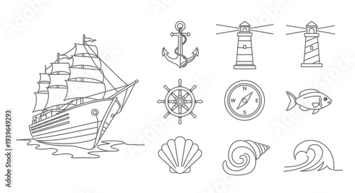 Nautical Icons Set: Sailboat, Lighthouse, Anchor, Compass, Seashells, Fish, Wave