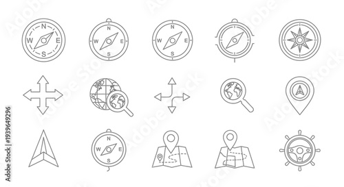 Navigation Icons Collection: Compass, Map, Globe, Pin, Steering Wheel, Arrows