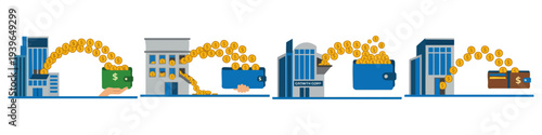 DIVIDEND PAYOUT - Coins flowing from company building to wallet  Flat Vector Illustration on Transparent Background