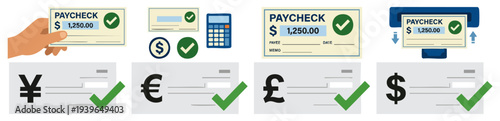 PAYCHECK - Paper paycheck with currency symbol and check mark  Flat Vector Illustration on Transparent Background