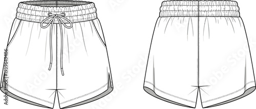 Women's drawstring running shorts technical flat sketch, front and back view, elastic waist athletic gym shorts, cad drawing flat vector illustration.